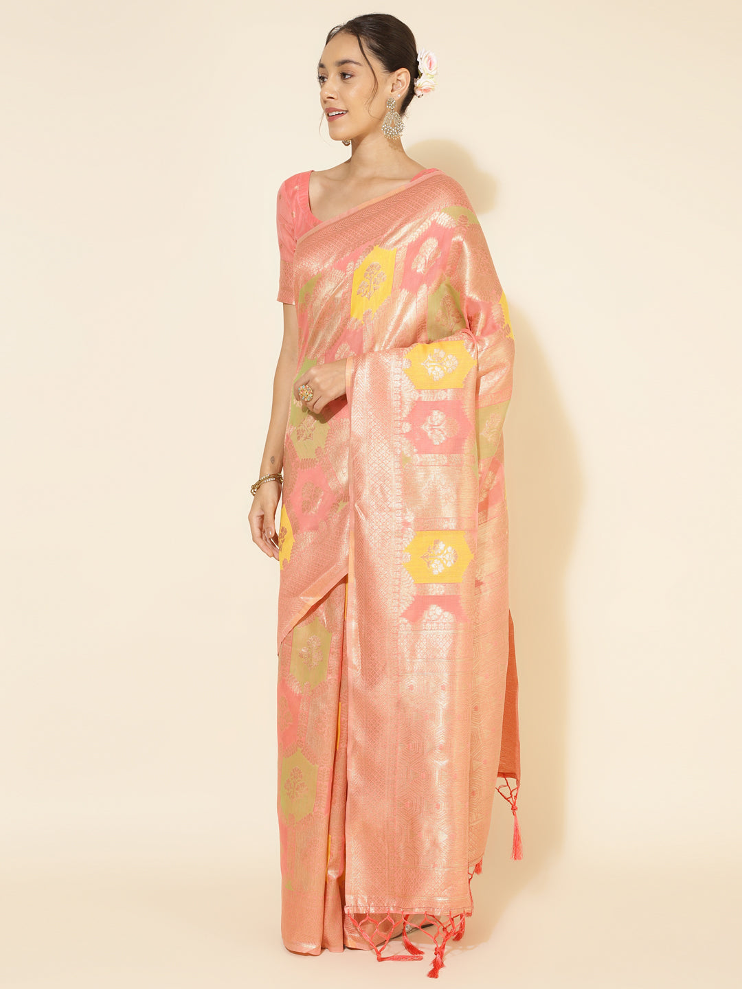 Janasya Peach Chanderi Silk Ethnic Motifs Woven Design Saree - Distacart