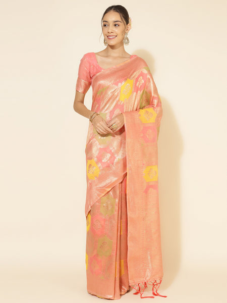 Janasya Peach Chanderi Silk Ethnic Motifs Woven Design Saree - Distacart