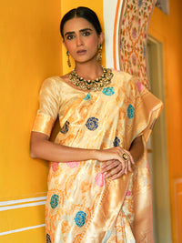 Thumbnail for Janasya Cream Banarasi Silk Woven Floral Design Banarasi Saree - Distacart