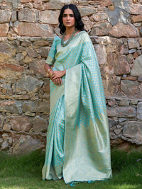 Thumbnail for Janasya Sea Green Chanderi Silk Paisley Woven Design Saree - Distacart