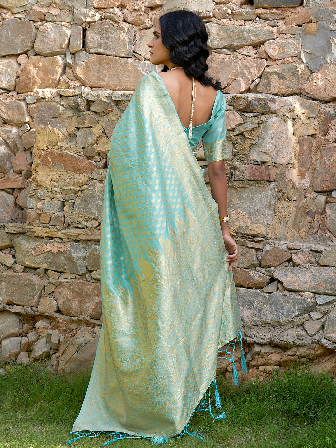 Janasya Sea Green Chanderi Silk Paisley Woven Design Saree - Distacart