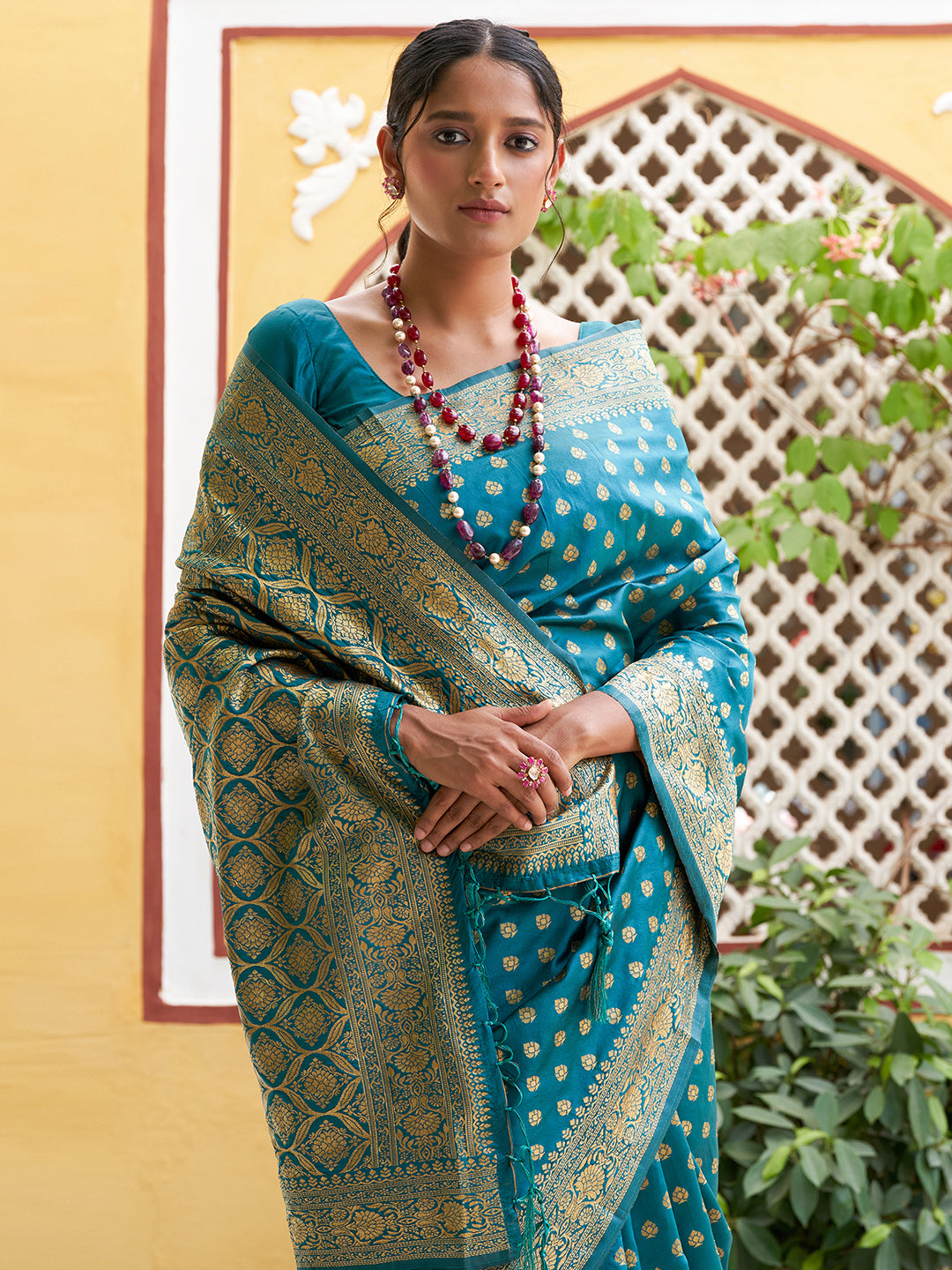 Janasya Teal Green Banarasi Silk Woven Ethnic Motifs Woven Design Saree - Distacart