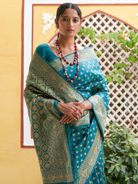 Thumbnail for Janasya Teal Green Banarasi Silk Woven Ethnic Motifs Woven Design Saree - Distacart