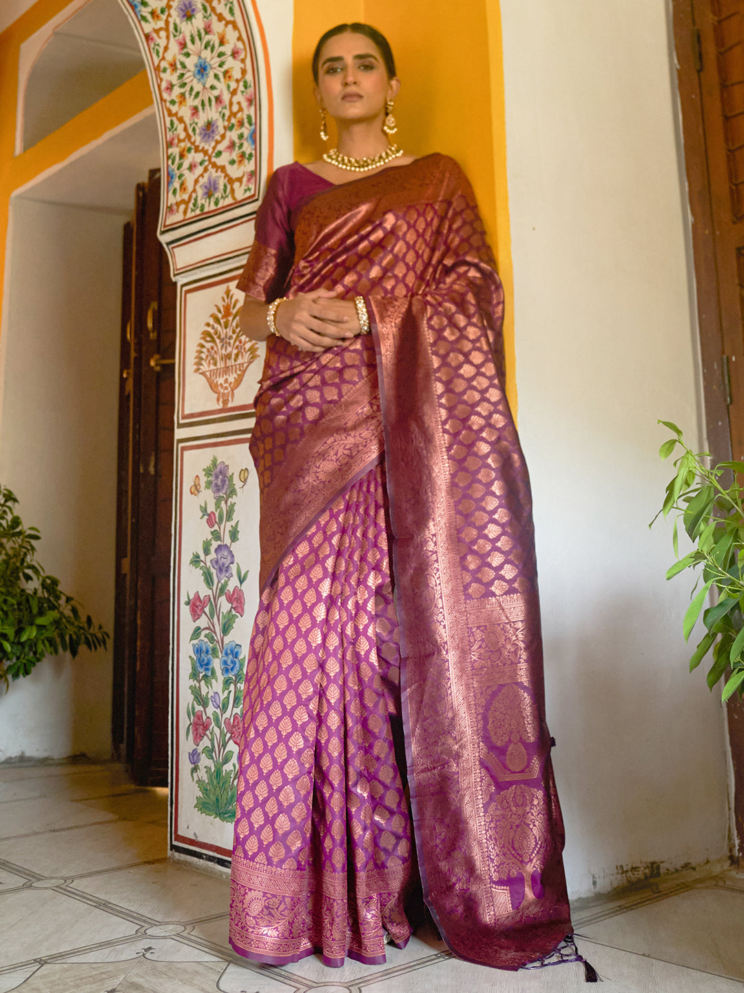 Janasya Wine Banarasi Silk Woven Ethnic Motifs Banarasi Silk Saree - Distacart