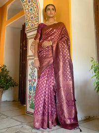 Thumbnail for Janasya Wine Banarasi Silk Woven Ethnic Motifs Banarasi Silk Saree - Distacart