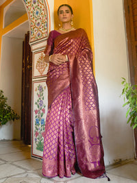 Thumbnail for Janasya Wine Banarasi Silk Woven Ethnic Motifs Banarasi Silk Saree - Distacart