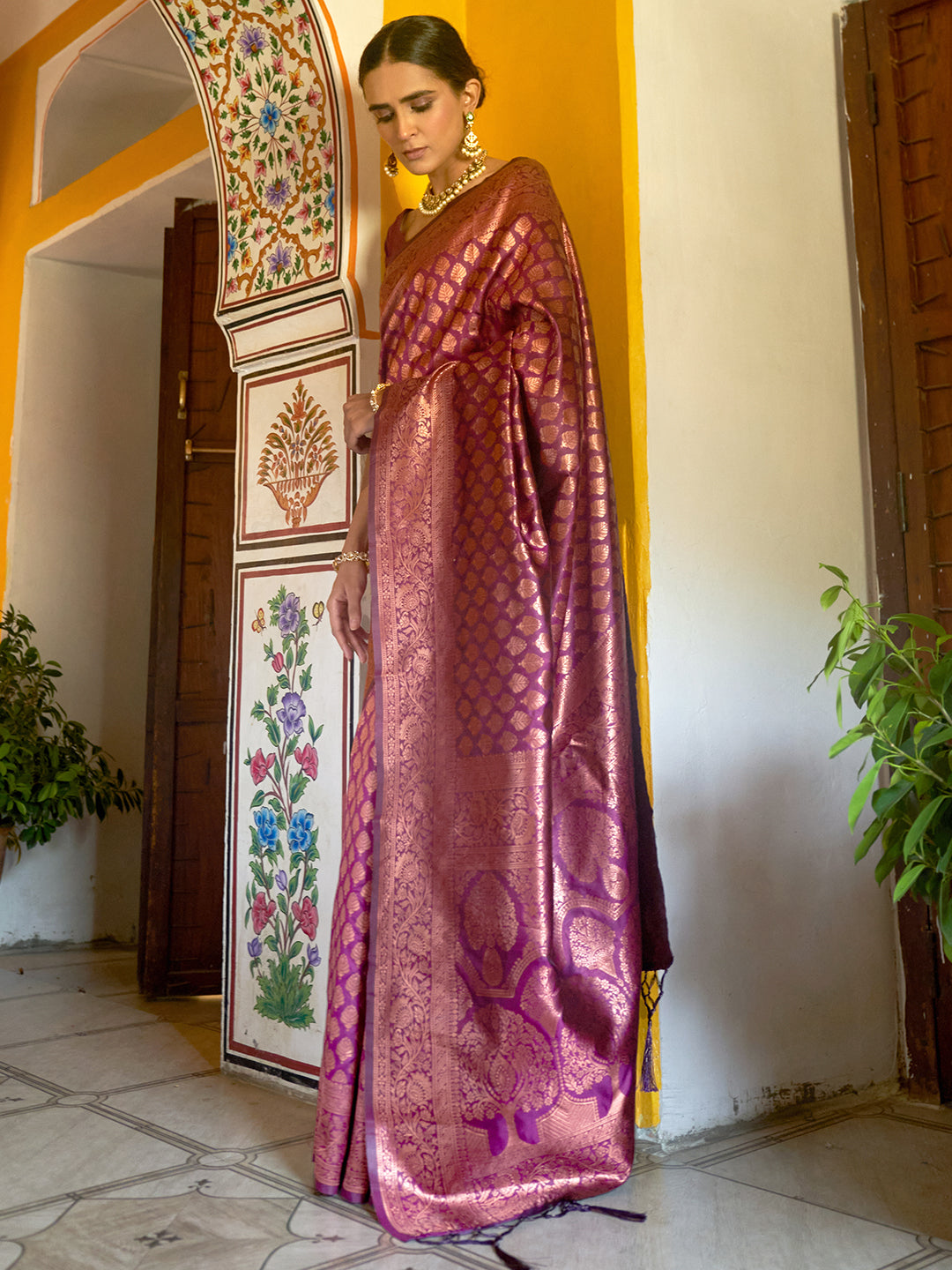 Janasya Wine Banarasi Silk Woven Ethnic Motifs Banarasi Silk Saree - Distacart