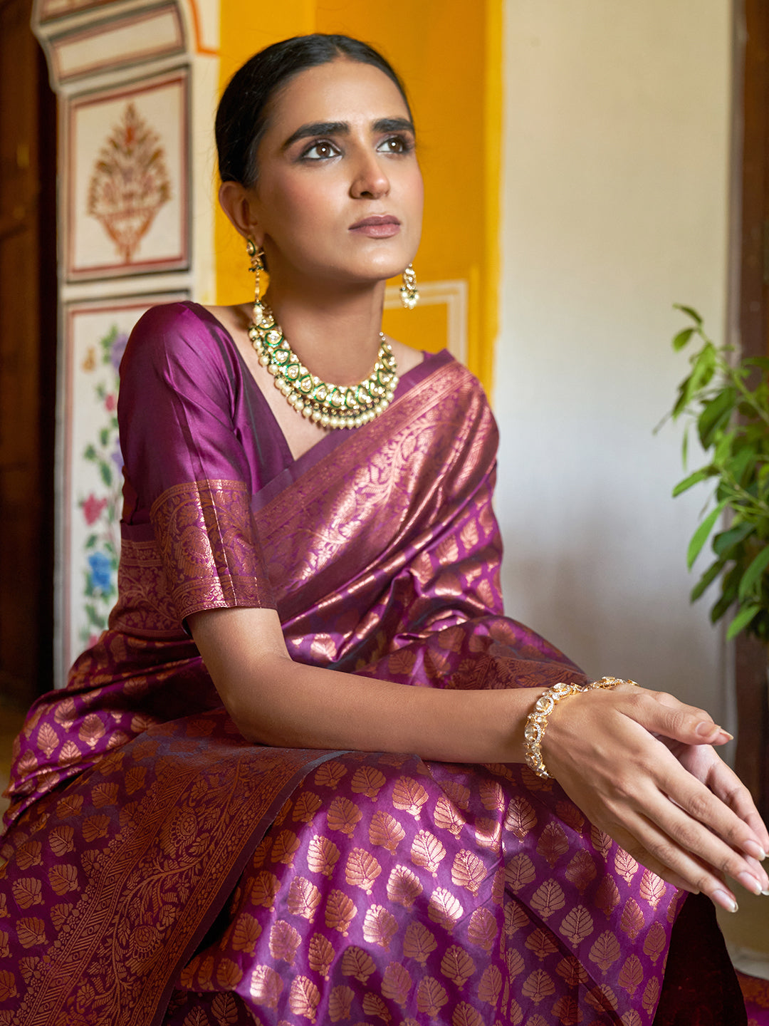 Janasya Wine Banarasi Silk Woven Ethnic Motifs Banarasi Silk Saree - Distacart