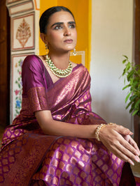Thumbnail for Janasya Wine Banarasi Silk Woven Ethnic Motifs Banarasi Silk Saree - Distacart