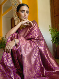 Thumbnail for Janasya Wine Banarasi Silk Woven Ethnic Motifs Banarasi Silk Saree - Distacart