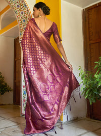 Thumbnail for Janasya Wine Banarasi Silk Woven Ethnic Motifs Banarasi Silk Saree - Distacart