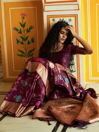 Thumbnail for Janasya Wine Banarasi Silk Ethnic Motifs Woven Design Saree - Distacart