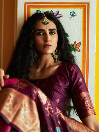 Thumbnail for Janasya Wine Banarasi Silk Ethnic Motifs Woven Design Saree - Distacart
