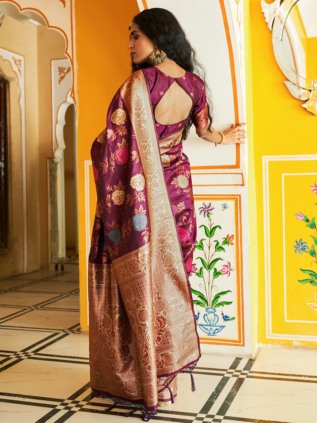 Janasya Wine Banarasi Silk Ethnic Motifs Woven Design Saree - Distacart