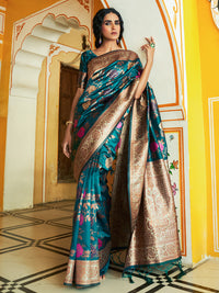 Thumbnail for Janasya Dark Green Banarasi Silk Floral Woven Design Saree - Distacart