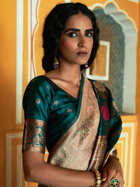 Thumbnail for Janasya Dark Green Banarasi Silk Floral Woven Design Saree - Distacart