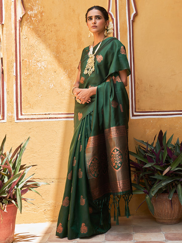 Janasya Green Kanjeevaram Silk Woven Ethnic Motifs Kanjeevaram Silk Saree - Distacart