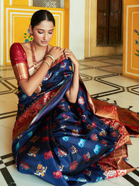 Thumbnail for Janasya Navy Blue Cotton Silk Woven Ethnic Motifs Patola Saree - Distacart