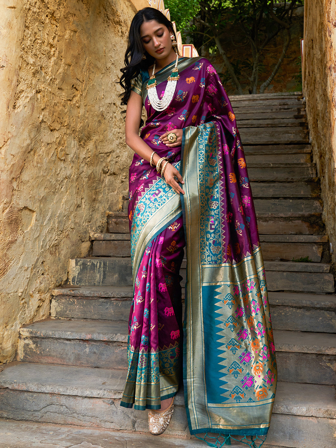 Janasya Wine Cotton Silk Woven Ethnic Motifs Patola Saree - Distacart