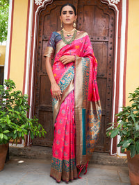Thumbnail for Janasya Pink Cotton Silk Woven Ethnic Motifs Patola Saree - Distacart