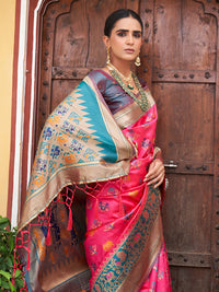 Thumbnail for Janasya Pink Cotton Silk Woven Ethnic Motifs Patola Saree - Distacart