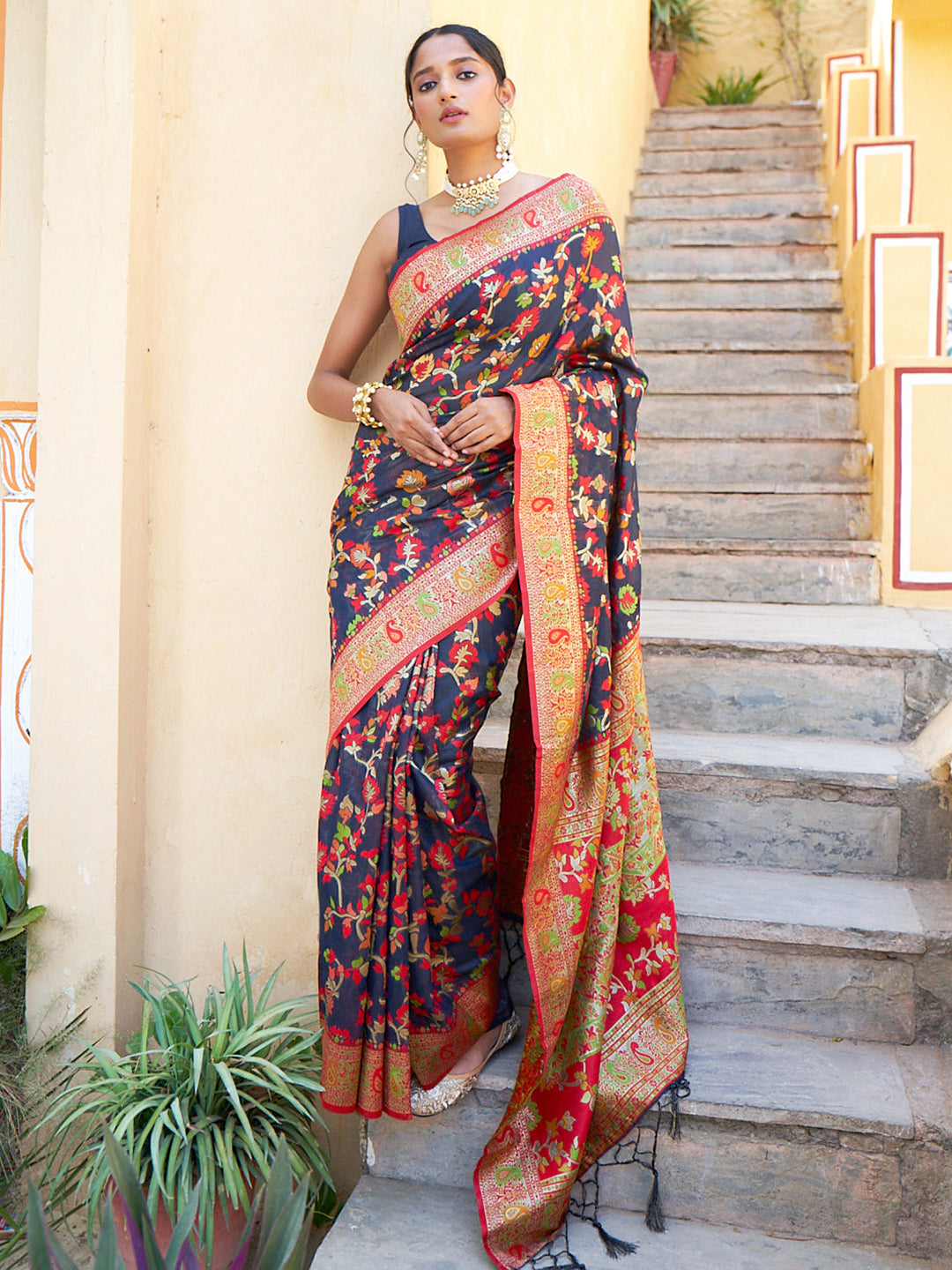 Janasya Navy Blue Chanderi Silk Pashmina Woven Design Saree - Distacart