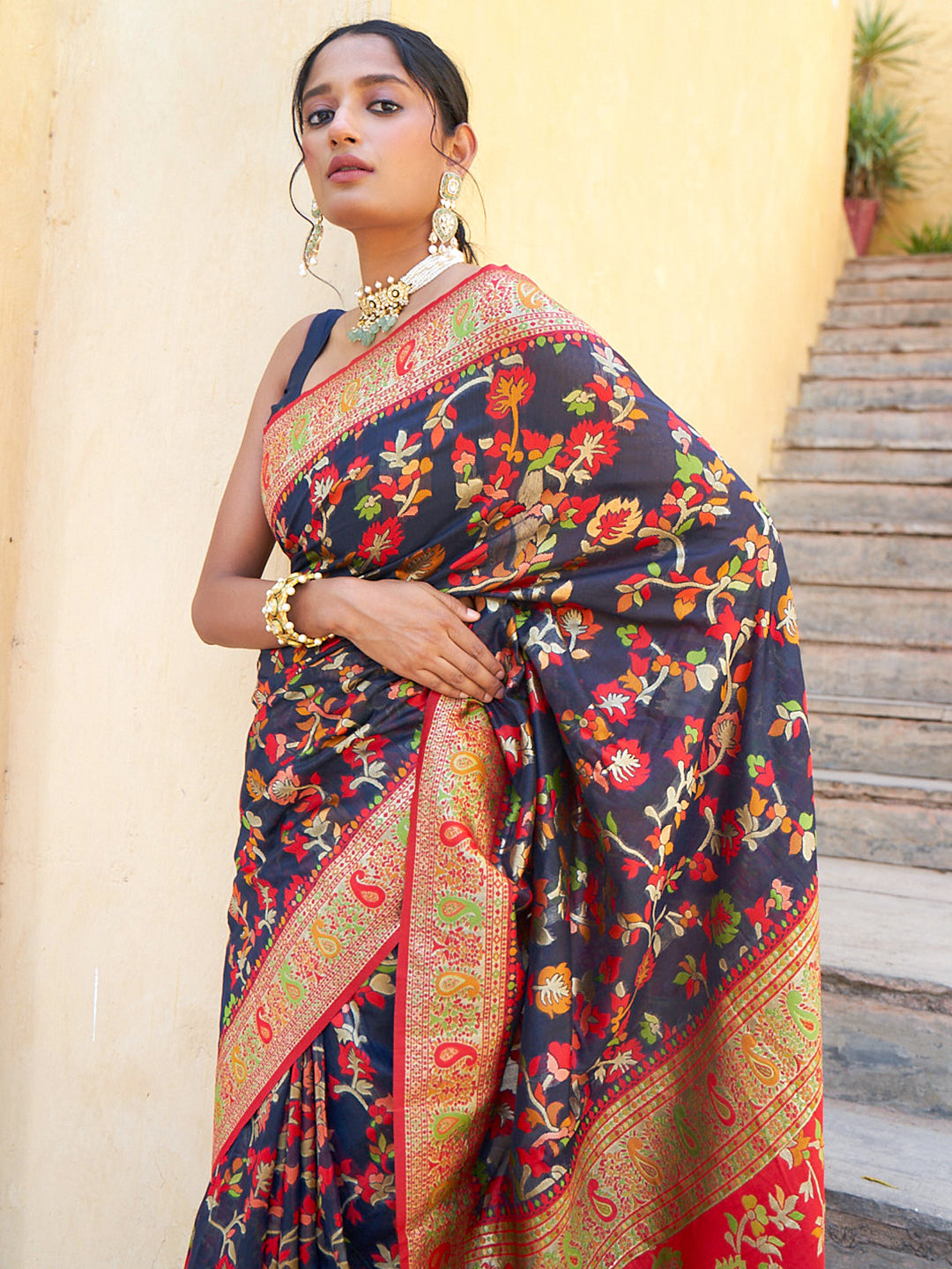 Janasya Navy Blue Chanderi Silk Pashmina Woven Design Saree - Distacart