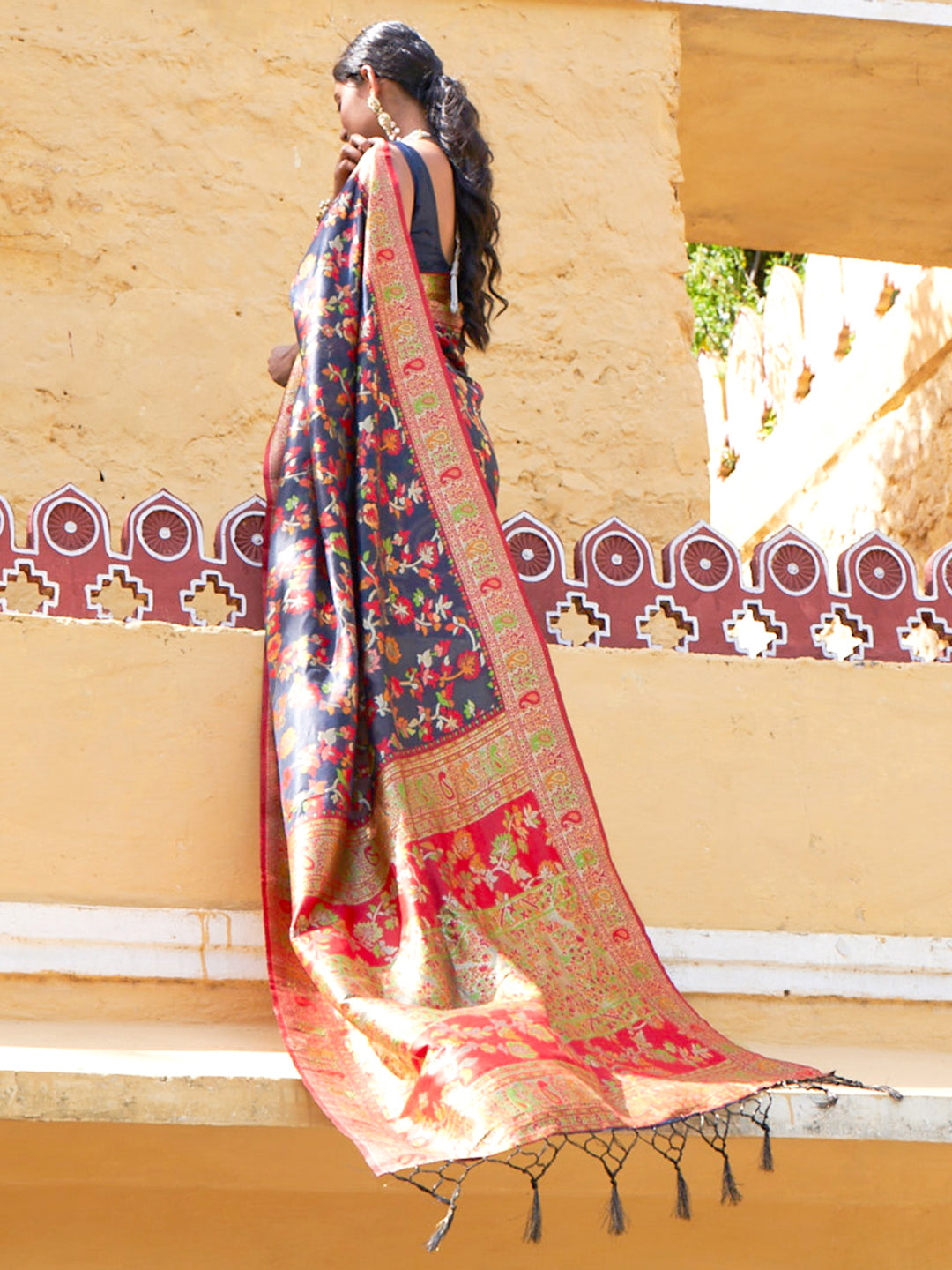 Janasya Navy Blue Chanderi Silk Pashmina Woven Design Saree - Distacart