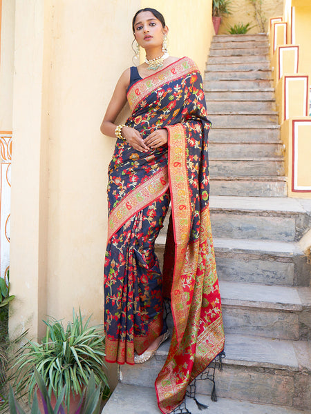 Janasya Navy Blue Chanderi Silk Pashmina Woven Design Saree - Distacart