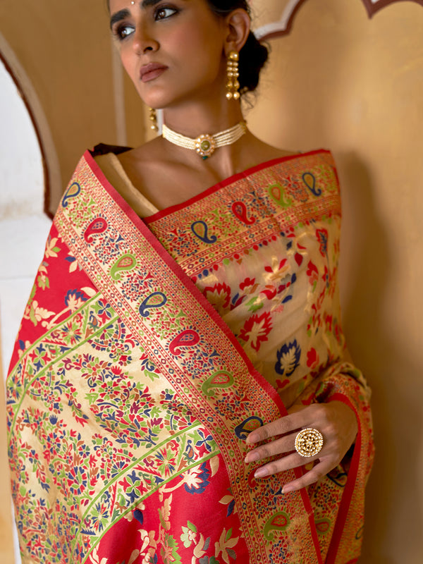 Janasya Beige Chanderi Silk Pashmina Woven Design Saree - Distacart