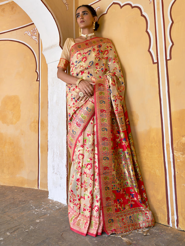 Janasya Beige Chanderi Silk Pashmina Woven Design Saree - Distacart