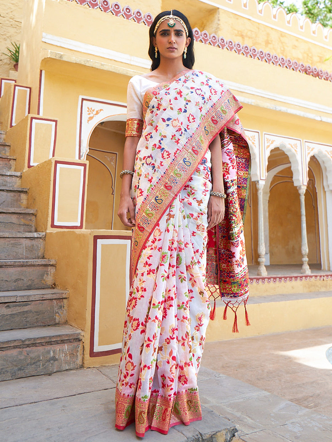 Janasya White Chanderi Silk Pashmina Woven Design Saree - Distacart