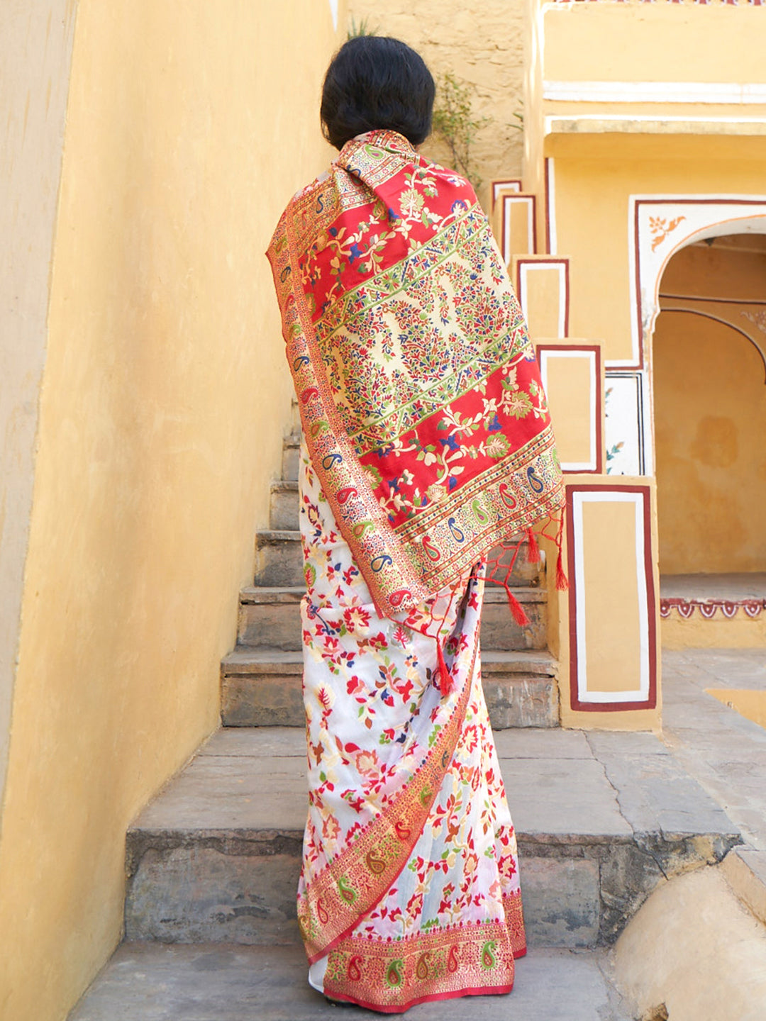 Janasya White Chanderi Silk Pashmina Woven Design Saree - Distacart