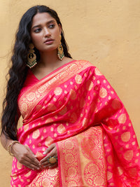 Thumbnail for Janasya Pink Banarasi Silk Ethnic Motifs Woven Design Saree - Distacart