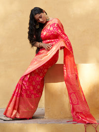 Thumbnail for Janasya Pink Banarasi Silk Ethnic Motifs Woven Design Saree - Distacart