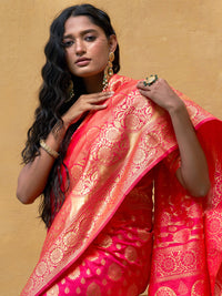 Thumbnail for Janasya Pink Banarasi Silk Ethnic Motifs Woven Design Saree - Distacart