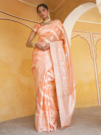 Thumbnail for Janasya Peach Linen Cotton Leheriya Woven Design Saree - Distacart