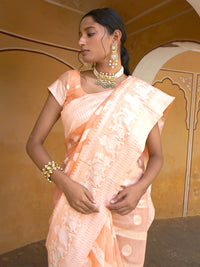Thumbnail for Janasya Peach Linen Cotton Leheriya Woven Design Saree - Distacart