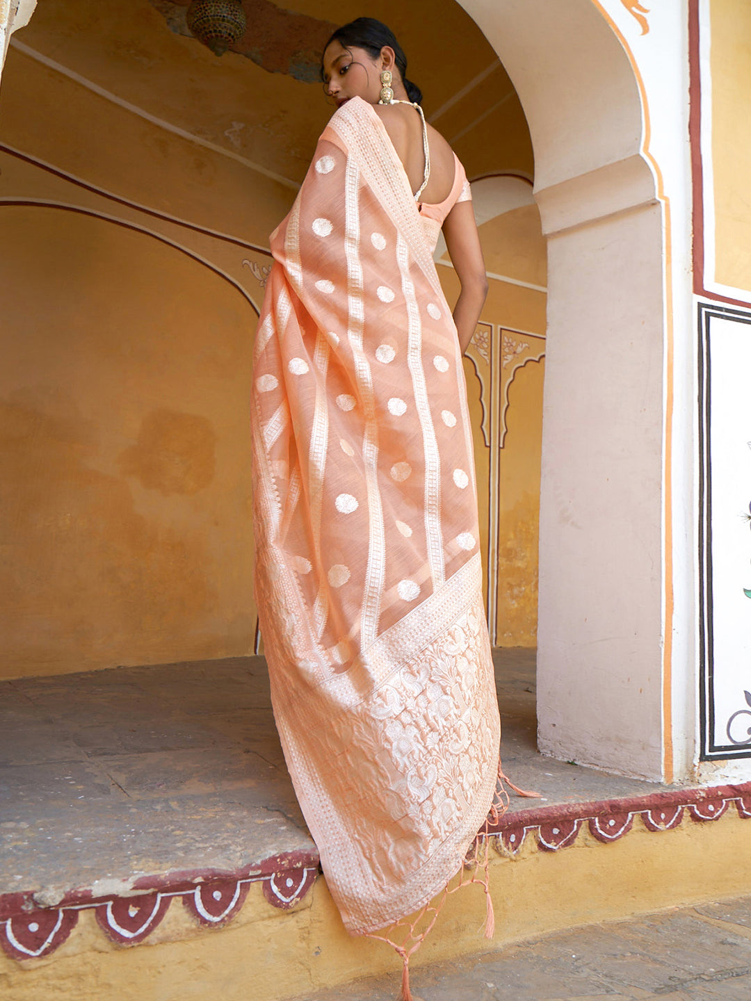 Janasya Peach Linen Cotton Leheriya Woven Design Saree - Distacart