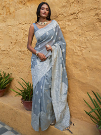 Thumbnail for Janasya Grey Linen Cotton Woven Floral Design Woven Design Saree - Distacart
