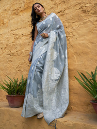 Thumbnail for Janasya Grey Linen Cotton Woven Floral Design Woven Design Saree - Distacart