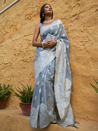 Thumbnail for Janasya Grey Linen Cotton Woven Floral Design Woven Design Saree - Distacart