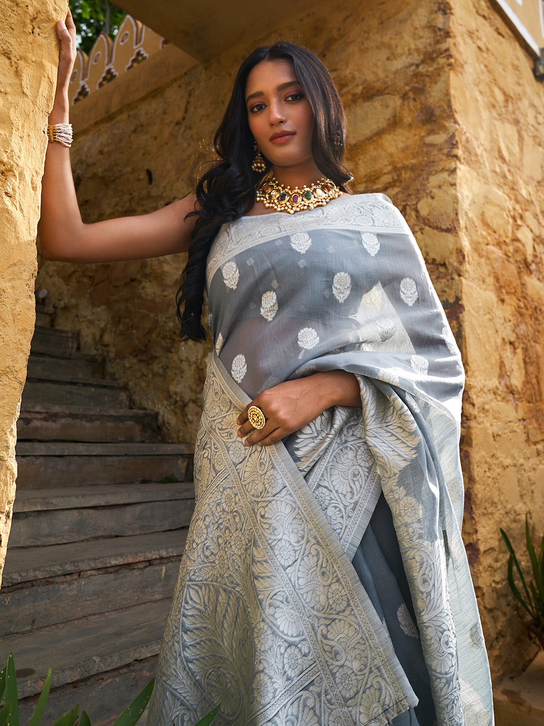 Janasya Grey Linen Cotton Woven Floral Design Woven Design Saree - Distacart