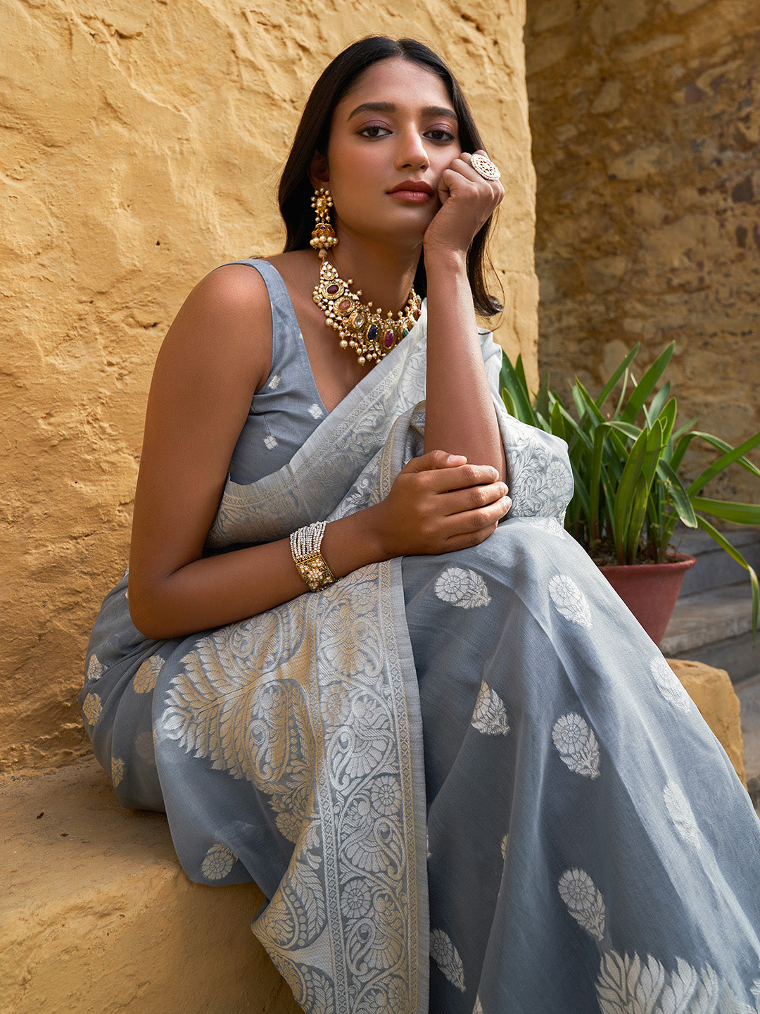 Janasya Grey Linen Cotton Woven Floral Design Woven Design Saree - Distacart