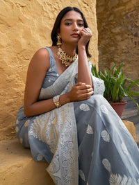 Thumbnail for Janasya Grey Linen Cotton Woven Floral Design Woven Design Saree - Distacart