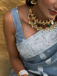 Thumbnail for Janasya Grey Linen Cotton Woven Floral Design Woven Design Saree - Distacart