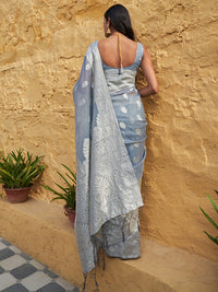 Thumbnail for Janasya Grey Linen Cotton Woven Floral Design Woven Design Saree - Distacart