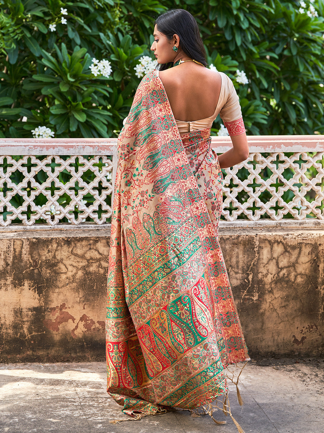 Janasya Beige Cotton Silk Pashmina Woven Design Saree - Distacart