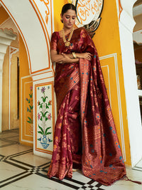 Thumbnail for Janasya Maroon Banarasi Silk Woven Dual Tone Floral Design Banarasi Silk Saree - Distacart