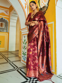 Thumbnail for Janasya Maroon Banarasi Silk Woven Dual Tone Floral Design Banarasi Silk Saree - Distacart